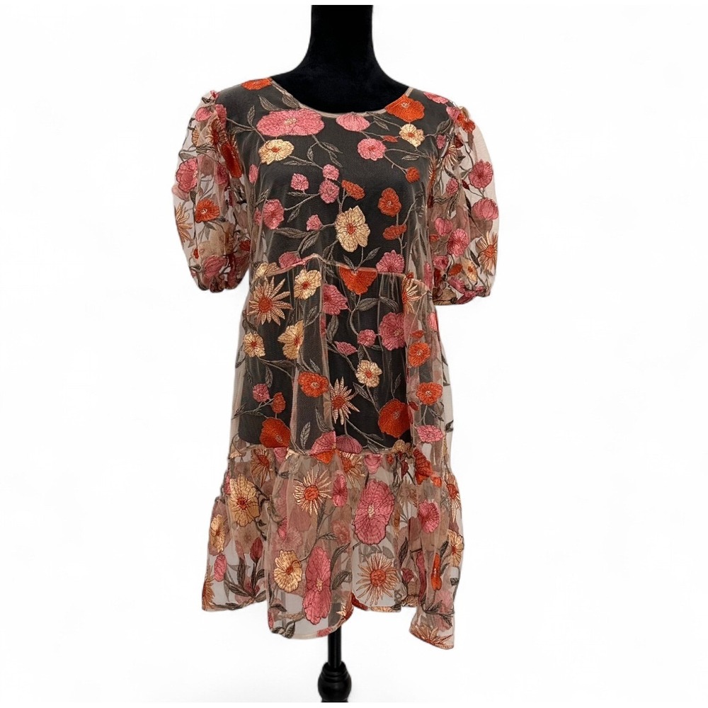 saltwater LUXE Sheer Floral Mini Dress in Pink, Orange, Cream - Picture 8 of 8